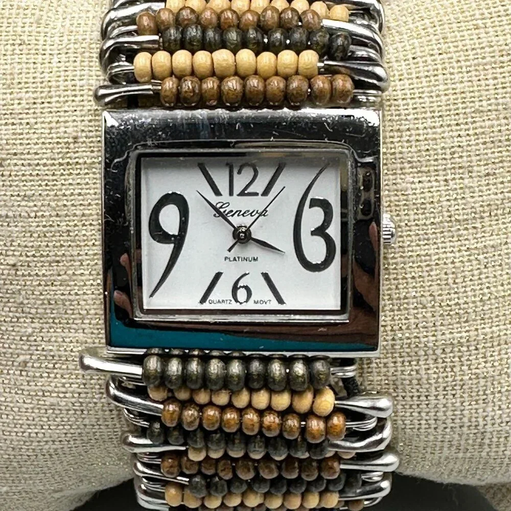 3/$30 Geneva Watch Women Silver Brown Wood Beads Safety Pins Stretch Band 7.25
